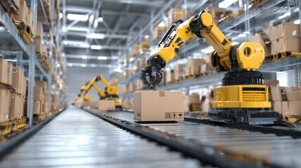 Automated robot arm packaging process warehouse industrial scene modern environment inside view efficiency in logistics