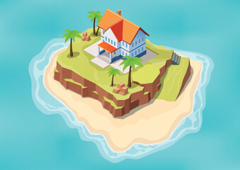 Isometric beautiful island with villa or house on the sea