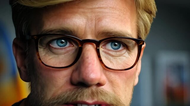 European happy 35 year old man wearing eyeglasses