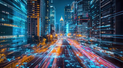 Dynamic cityscapes illuminated by neon trails creating a sense of futuristic motion