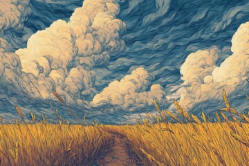 Vibrant landscape illustration featuring golden wheat field under a dramatic sky filled with swirling clouds, creating a serene and picturesque rural scene with natural beauty