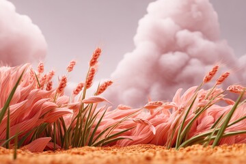 Vibrant pink grass and delicate flowers sway gently in a surreal landscape, with fluffy clouds above creating a dreamlike atmosphere of tranquility and beauty