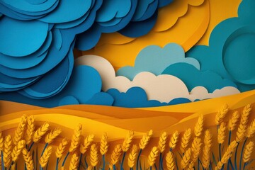 Colorful paper cut illustration depicting a vibrant landscape with golden wheat fields, blue skies, and textured clouds, showcasing a creative and artistic representation of nature's beauty