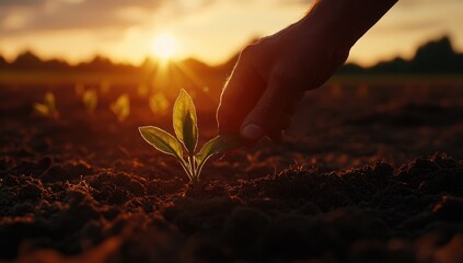 Fototapeta premium Hand gently plants seedling at sunset