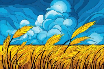 Vibrant yellow wheat field swaying gently in the breeze under a bright blue sky filled with fluffy white clouds, capturing the essence of a serene rural landscape