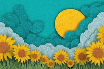 Vibrant paper art illustration featuring sunflowers in a lush green field under a bright yellow sun and swirling blue clouds, creating a cheerful summer atmosphere