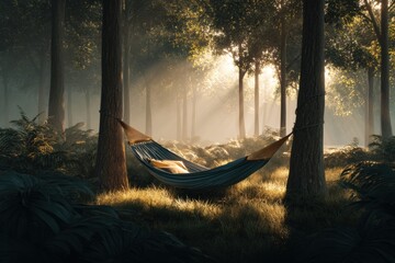 Tranquil hammock suspended between trees in a serene forest, surrounded by lush greenery and soft sunlight filtering through the leaves, creating a peaceful atmosphere for relaxation