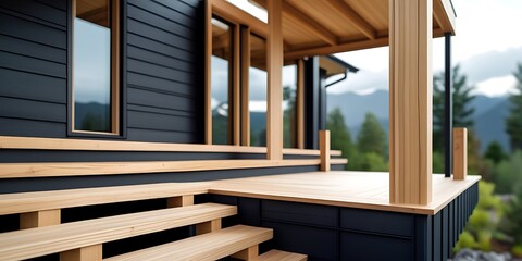 Modern wooden outdoor porch with wide steps leading to black contemporary house exterior, minimalist architectural design blending natural wood with scenic mountain background for real estate visuals