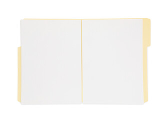 Open paper file folder with blank sheets isolated on white, top view