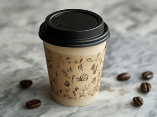 White paper coffee cup with black lid and brown sleeve