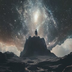 Fototapeta premium a man standing on a mountain looking in the sky