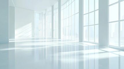 Obraz premium Digital rendering of minimalist interior with white palette and large windows, showcasing modern architecture