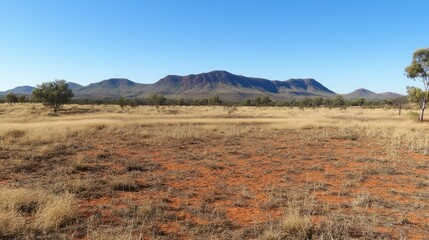 Obraz premium Distant mountain range framed by undulating red dunes and a perfectly clear desert sky