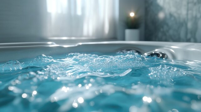 Detailed view of jacuzzi bubbles rising to the top with chrome jets just below the waterline