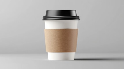 White paper coffee cup with black lid and brown sleeve