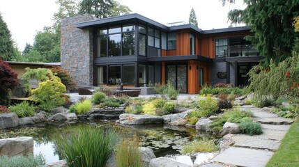 Obraz premium Eco-friendly modern house with rooftop solar panels, native plant garden, and large windows maximizing natural light