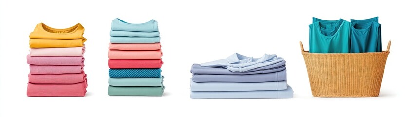 Stacked clothes in various colors, with a basket