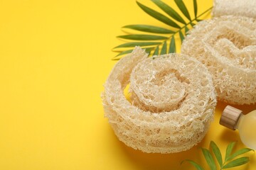 Natural loofah sponges, cosmetic product and green twigs on yellow background, closeup. Space for text