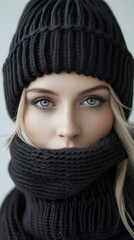 Mystical close up portrait of a woman with striking blue gray eyes wearing a black knitted winter hat and matching face covering, showcasing elegant beauty, mystery and fashion style for seasonal conc