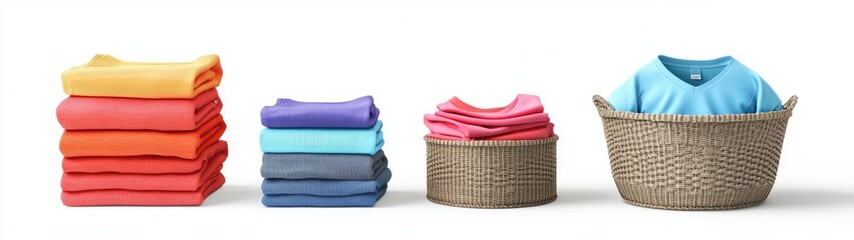 Colorful stacks of clothes and a laundry basket