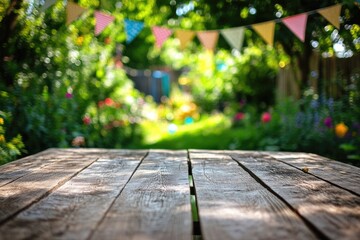 Rustic wooden table in a vibrant garden setting. Colorful flags adorn the background