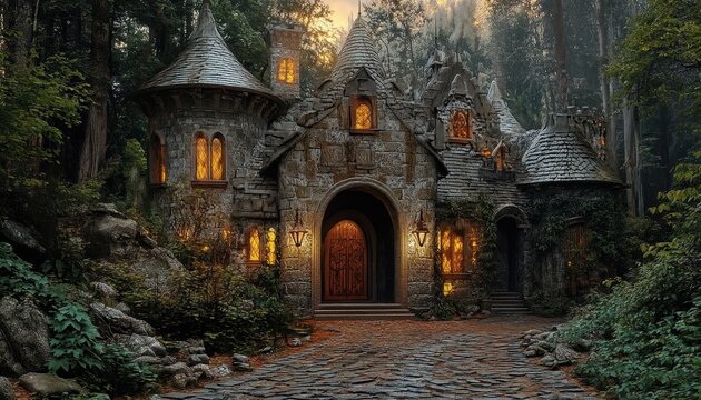 Casa da fiaba nel bosco al tramonto
