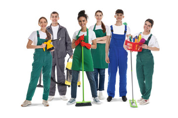 Obraz premium Team of professional janitors with supplies on white background. Cleaning service