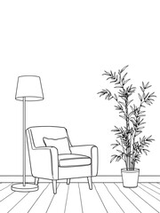 Fototapeta premium Continuous one line drawing of living room interior. Armchair ,flloor lamp and bamboo plant in single line draw illustration. Editable stroke.