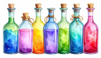 Colorful potion bottles with watercolor art.