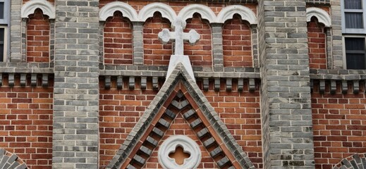The solemn cross stands centered above archways, echoing faith etched into each brick of the church.