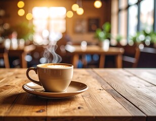 Obraz premium カフェの湯気の出るコーヒーと空白スペース