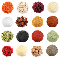 Different aromatic spices on white background, set. Top view