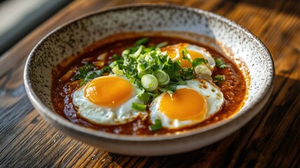 Elegant Thai-style dish with crispy fried eggs in tamarind sauce, topped with carved green onion curls and fresh coriander