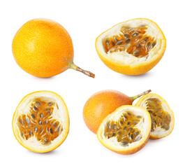 Ripe passion fruits on white background, collage