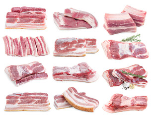 Fresh raw pork meat on white background, collage