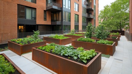 Fototapeta premium Elevated urban garden with healthy vegetables and herbs growing in planters, encouraging local food and ecological awareness