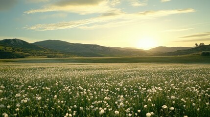 Fototapeta premium Endless fields of delicate white flowers carpeting the foothills of a mountain under golden hour sky