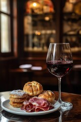 Naklejka premium Wine and pastry plate in a cozy room