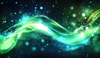 Fototapeta premium Abstract glowing waves of vibrant green and teal, dotted with shimmering lights on a dark background