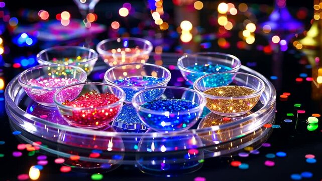 Colorful bowls of glittering beads on a reflective surface, surrounded by festive confetti and lights