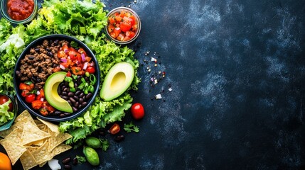 Flat lay of colorful taco salad with seasoned beef, romaine lettuce, avocado, salsa, black beans and tortilla chips on a dark background