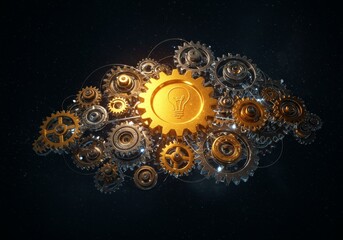 3D Illustration Of Gold Gear With Light Bulb And Silver Cogs In Space