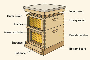 Detailed labeled diagram of a wooden beehive structure  