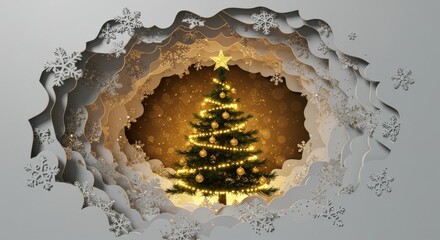 3D Paper Cutout Christmas Tree with Gold Lights and Star Ornament
