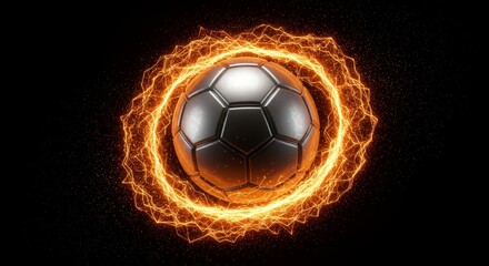 3D Render of a Metallic Soccer Ball Surrounded by a Ring of Fire and Orange Light