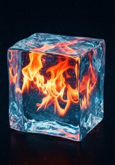 3D Render of an Ice Cube Enclosing Fiery Flames on a Starry Background
