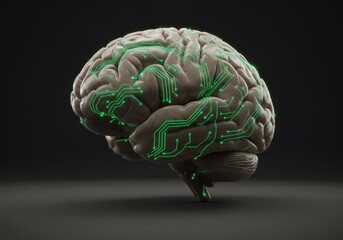 3D Render of Brain with Green Neural Network on Dark Gray Background Illustration