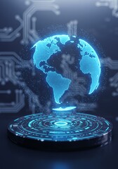 3D Render of Digital Blue Globe Hologram on a Futuristic Circuit Board Background