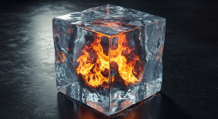 3D Rendered Abstract Cube of Ice Enclosing Flames Burning Inside with Orange Glow