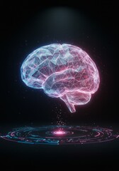 3D Rendered Abstract Illustration Of A Glowing Cybernetic Brain On Dark Background